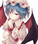  arai_togami ascot bat_wings blue_hair brooch dress fang hat hat_ribbon jewelry mob_cap pink_dress pointy_ears puffy_short_sleeves puffy_sleeves red_eyes remilia_scarlet ribbon short_sleeves smile solo touhou upper_body wings wrist_cuffs 