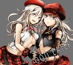  :d alisa_ilinichina_amiella bare_shoulders beret black_gloves blue_eyes breast_press breasts cabbie_hat cleavage copyright_name elbow_gloves fingerless_gloves gloves god_eater god_eater_2:_rage_burst god_eater_burst grey_background hat holding_hands interlocked_fingers kooma long_hair looking_at_viewer medium_breasts multiple_girls open_mouth plaid plaid_skirt skirt smile suspender_skirt suspenders time_paradox vest 