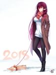  1girl 2018 alternate_costume ankle_boots black_footwear blush boots coat cold collar commentary dog dog_collar eyebrows_visible_through_hair fate/grand_order fate_(series) hands_in_pockets highres long_hair okitakung pantyhose purple_hair scathach_(fate)_(all) scathach_(fate/grand_order) shawl signature snow sweater welsh_corgi white_sweater winter_clothes winter_coat 