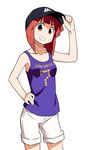  1girl adjusting_clothes adjusting_hat aizawa_eiko anbe_masahiro baseball_cap bob_cut collarbone continue grin hand_on_hip hat looking_at_viewer red_eyes red_hair shinryaku!_ikamusume shorts smile solo space_invaders tank_top tareme white_background 