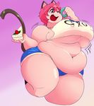  animal_ears big_breasts black_fur blue_eyes breasts cake cat_ears cat_tail clothed clothing doughnut eating eikasianspire female food fur hair human mammal navel obese open_mouth overweight pink_hair shirt short_hair shorts smile solo standing teeth thick_thighs tight_clothing under_boob 