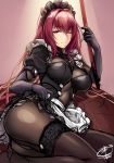  1girl alternate_costume apron bodysuit breasts closed_mouth commentary_request eyebrows_visible_through_hair fate/grand_order fate_(series) gae_bolg gloves hair_intakes holding holding_weapon lace lace-trimmed_thighhighs large_breasts long_hair looking_at_viewer lying maid_apron maid_headdress okitakung on_side one_eye_closed pantyhose polearm puffy_sleeves purple_bodysuit purple_hair red_eyes scathach_(fate)_(all) scathach_(fate/grand_order) smile spear thighhighs weapon 