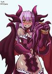  2015 blue_background blush claws collar cowboy_shot dated demon_girl demon_horns demon_tail demon_wings detached_collar dragon_girl dragon_tail dragon_wings extra_mouth extra_tongue horns jabberwock_(monster_girl_encyclopedia) long_hair lutherniel monster_girl_encyclopedia navel pelvic_curtain purple_hair red_eyes simple_background slit_pupils solo tail thighhighs tongue tongue_out wings 