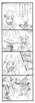 1girl 4koma :d ahoge aircraft airplane bbb_(friskuser) comic greyscale highres horns kantai_collection long_hair mittens monochrome northern_ocean_hime open_mouth shinkaisei-kan smile spoken_exclamation_mark surprised sweat tears translated 