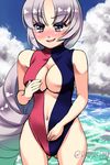  adapted_costume bad_id bad_pixiv_id black_eyes blush breasts cleavage douji front_zipper_swimsuit long_hair meme_attire navel one-piece_swimsuit seaside silver_hair solo swimsuit tears touhou twitter_username very_long_hair yagokoro_eirin 