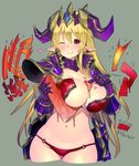  armor between_breasts bikini bikini_armor blonde_hair breasts cleavage crown fbc horns huge_breasts lilith_(p&amp;d) looking_at_viewer navel o-ring o-ring_bottom one_eye_closed pauldrons pointy_ears puzzle_&amp;_dragons red_eyes solo swimsuit translation_request 