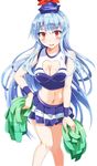  blue_hair breasts cheerleader cleavage cleavage_cutout crop_top e.o. hand_on_hip hat heart_cutout kamishirasawa_keine large_breasts long_hair midriff miniskirt navel open_mouth pom_poms red_eyes silver_hair skirt smile solo touhou very_long_hair wrist_wrap 