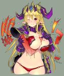  armor between_breasts bikini bikini_armor blonde_hair breasts cleavage crown fbc horns huge_breasts lilith_(p&amp;d) looking_at_viewer navel o-ring o-ring_bottom one_eye_closed pauldrons pointy_ears puzzle_&amp;_dragons red_eyes solo swimsuit thighhighs translation_request 