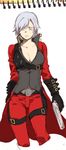  :3 belt black_gloves blue_eyes breasts cleavage collarbone dante_(devil_may_cry) devil_may_cry devil_may_cry_2 ebony_&amp;_ivory fuka_(kirrier.k) genderswap genderswap_(mtf) gloves gun large_breasts pants popped_collar silver_hair solo weapon 