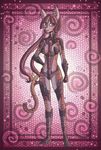  2013 anthro armor breasts cat clothed clothing feline female fur hair legwear long_hair looking_at_viewer mammal mynx ponytail purple_fur purple_hair purple_skin raptor007 red_eyes smile solo stripes teeth unconvincing_armor 