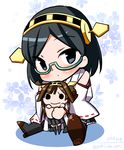  aqua-framed_eyewear bare_shoulders black_hair blue_eyes blush blush_stickers boots brown_hair character_doll chibi detached_sleeves glasses headgear japanese_clothes kantai_collection kirishima_(kantai_collection) kongou_(kantai_collection) multiple_girls nontraditional_miko pleated_skirt semi-rimless_eyewear short_hair sitting skirt smile thighhighs twitter_username under-rim_eyewear yuuki_hb 