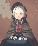  andoryu_(savile_row_17_banchi) bangs black_skirt bloodborne bonnet cloak doll_joints expressionless green_eyes long_skirt plain_doll short_hair sitting skirt skirt_set solo swept_bangs white_hair 