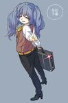  bad_id bad_pixiv_id blue_background blue_eyes blue_hair blush briefcase chiwa_(wakamukuroko) full_body heterochromia high_heels highres long_hair looking_back open_mouth pants red_eyes simple_background solo standing tokyo_ghoul tokyo_ghoul:re twintails yonebayashi_saiko 