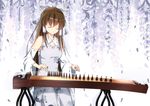  alternate_color bow breasts brown_hair carving cleavage detached_sleeves dress floral_print frilled_bow frills grey_dress hair_bow hair_tubes hakurei_reimu head_tilt instrument jacknavy koto_(instrument) long_hair medium_breasts music peaceful petals playing_instrument ribbon-trimmed_collar ribbon-trimmed_sleeves ribbon_trim sarashi simple_background sitting smile solo touhou tree very_long_hair white_background white_sleeves yin_yang 