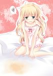  1girl barefoot bedwetting blonde_hair blue_eyes blush long_hair murasakigo open_mouth peeing peeing_self pillow solo 