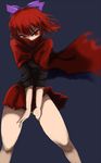  bow cape ginji_(sakaki_summer) hair_bow legs looking_at_viewer miniskirt red_eyes red_hair sekibanki shirt short_hair skirt solo thighs touhou 