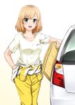  :d brown_hair car clothes_around_waist diesel-turbo envelope green_eyes ground_vehicle hand_on_hip looking_at_viewer miyamori_aoi motor_vehicle open_mouth shirobako shirt smile solo t-shirt 