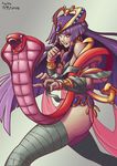  2014 cobra_(animal) dated earrings fighting_stance jewelry long_hair lutherniel monster_girl_encyclopedia pharaoh_(monster_girl_encyclopedia) purple_hair red_eyes sidelocks signature snake solo thighhighs very_long_hair 