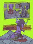  anthro blood cate_wurtz cigarette clothed clothing decapitation gore hair half-dressed hoodie horn killing kitchen kneeling knife legwear male male/male necrophilia nipples purple_body thigh_highs topless underwear wide_hips 