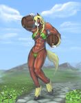  abs anthro arthropod big_breasts bikini blonde_hair bra braided_hair breasts brown_eyes butterfly clothing cloud equine female hair horse insect keg leaf long_hair mammal mountain muscles obaum outside panties plant road sky solo standing swimsuit underwear 