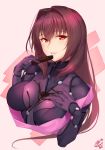  1girl armor bodysuit breasts chocolate chocolate_heart chocolate_on_breasts commentary_request deep_skin fate/grand_order fate_(series) hair_between_eyes hands_on_own_chest heart large_breasts lips long_hair looking_at_viewer okitakung parted_lips pauldrons purple_bodysuit purple_hair red_eyes scathach_(fate)_(all) scathach_(fate/grand_order) shoulder_armor solo suggestive_fluid upper_body 