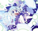  akaneya blue_dress blue_eyes blue_hair bow cirno danmaku dress hair_bow ice ice_block ice_wings open_mouth outstretched_arms puffy_short_sleeves puffy_sleeves shirt short_sleeves silver_hair smile solo touhou wings 