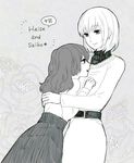  1girl bad_id bad_pixiv_id belt character_name crossdressing dress earrings greyscale jewelry long_hair long_sleeves looking_at_another monochrome open_mouth sasaki_haise short_hair skirt tokyo_ghoul tokyo_ghoul:re twintails yonebayashi_saiko 