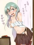  aqua_hair black_eyes blush breasts brown_legwear cleavage covering covering_breasts dress_shirt embarrassed hair_ornament hairclip kantai_collection large_breasts long_hair looking_at_viewer navel no_bra off_shoulder open_clothes open_shirt panties revision shirt side-tie_panties skirt solo suzuya_(kantai_collection) thighhighs translated umino_mokuzu_(shizumisou) underwear undressing wavy_mouth 