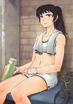  abs bag black_hair blush bottle breasts duffel_bag hand_wraps ishido_natsuo long_hair midriff mixed_martial_arts navel orz_(orz57) ponytail shorts sitting small_breasts smile solo sports_bra sweat teppuu towel towel_around_neck water_bottle 