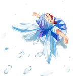  blue_dress blue_hair cirno closed_eyes detached_wings dress footprints from_above ice ice_wings shikushiku_(amamori_weekly) smile snow snowflakes snowing solo touhou wings 