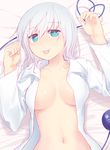  blush breasts cleavage green_eyes heart heart-shaped_pupils heart_of_string highres komeiji_koishi large_breasts lying naked_shirt navel no_bra on_back open_clothes open_shirt shirt short_hair silver_hair smile solo symbol-shaped_pupils third_eye tongue tongue_out touhou yonaga_(masa07240) 