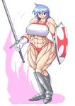  armor blue_hair mocoack muscle red_eyes shield sword 