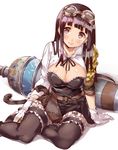  black_hair black_legwear blush breasts brown_hair cleavage gloves goggles goggles_on_head granblue_fantasy hime_cut jessica_(granblue_fantasy) large_breasts long_hair looking_at_viewer mamedenkyuu_(berun) simple_background sitting skirt smile solo thighhighs white_background white_gloves wide_hips yokozuwari 