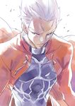  albino archer fate/stay_night fate_(series) jacket long_sleeves looking_to_the_side male_focus open_clothes open_jacket red_eyes red_jacket simple_background solo tassel upper_body usatsuka_eiji white_background white_hair 