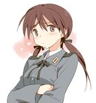  asoka black_ribbon blush brown_eyes brown_hair crossed_arms gertrud_barkhorn hair_ribbon long_hair long_sleeves military military_uniform ribbon solo strike_witches twintails uniform upper_body world_witches_series 