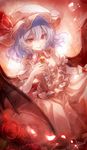  60mai bat_wings blue_hair flower hat red_eyes remilia_scarlet rose short_hair smile solo touhou wings 