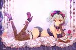  black_bra black_panties bra breasts drill_hair elbow_gloves flower gloves idolmaster idolmaster_cinderella_girls kanzaki_ranko lingerie long_hair medium_breasts panties red_eyes rose sem_(honey_sv) silver_hair solo thighhighs twin_drills twintails underwear underwear_only 