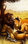  2015 abs anthro fangs feline fluff fuckie fur hair horn invalid_tag lion looking_at_viewer lying male mammal muscles nude open_mouth outside paws pecs rock savannah skull smile solo teeth tongue tongue_out tree 