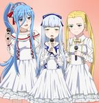 :d aoki_hagane_no_arpeggio blonde_hair blue_eyes blue_hair bow forehead green_eyes hair_bow hair_ribbon haruna_(aoki_hagane_no_arpeggio) holding iona jewelry long_hair looking_at_viewer microphone multiple_girls music necklace open_mouth ponytail ribbon ribonzu singing smile takao_(aoki_hagane_no_arpeggio) twintails very_long_hair 