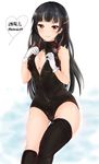  asymmetrical_legwear bangs black_hair black_legwear blunt_bangs blush breasts cleavage front_zipper_swimsuit gloves hair_ornament hair_ribbon hatoneko isokaze_(kantai_collection) kantai_collection large_breasts long_hair looking_at_viewer meme_attire one-piece_swimsuit red_eyes ribbon single_thighhigh smile solo swimsuit thigh_gap thighhighs tress_ribbon twitter_username white_gloves 