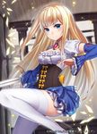  blonde_hair blue_eyes boots breasts brooch cleavage corset detached_sleeves high_heel_boots high_heels jewelry leg_up long_hair medium_breasts original ray-akila shinki_kakusei_melty_maiden smile solo sword thighhighs weapon white_legwear 