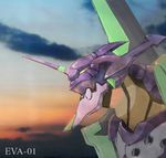  blue_sky character_name cloud day eva_01 from_side highres horns machinery mecha neon_genesis_evangelion no_humans profile sky upper_body yellow_eyes 