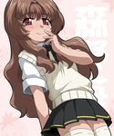  bioroid_hei brown_hair flat_chest long_hair morino_ichigo onegai_teacher red_eyes school_uniform skirt solo thighhighs wavy_hair 