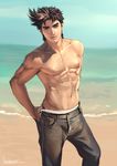  beach brown_hair jojo_no_kimyou_na_bouken joseph_joestar_(young) kotatsu_(g-rough) male_focus realistic shirtless solo spiked_hair 