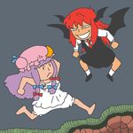  2girls :&lt; :d bloomers closed_mouth evil_grin evil_smile grin hat jpeg_artifacts koakuma long_hair makaimura multiple_girls onikobe_rin open_mouth patchouli_knowledge purple_hair red_hair smile touhou underwear v-shaped_eyebrows 