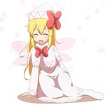  :d ^_^ arm_support blonde_hair blush bow capelet cato_(monocatienus) cherry_blossoms closed_eyes dress facing_viewer fairy_wings hair_between_eyes happy hat hat_bow lily_white long_hair open_mouth petals sitting smile socks solo touhou very_long_hair white_dress white_legwear wings yokozuwari 
