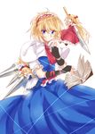  alice_margatroid apron ascot bad_id bad_pixiv_id blonde_hair blue_dress blue_eyes book capelet dress fingerless_gloves gloves grimoire hairband hourai_doll long_hair meng_ziya multiple_girls shanghai_doll short_hair sword touhou waist_apron weapon 