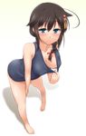  alternate_costume aqua_eyes bent_over black_hair blush braid breasts collar_tug collarbone downblouse hair_flaps hair_ornament hair_over_shoulder highres kantai_collection large_breasts looking_at_viewer one-piece_swimsuit remodel_(kantai_collection) school_swimsuit shigure_(kantai_collection) single_braid smile solo swimsuit yoshi_tama 