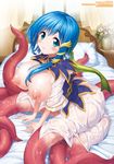  aqua_eyes blue_eyes blue_hair blush breasts cleavage eyebrows hair_ornament highres horitomo large_breasts looking_at_viewer monster_girl nipples original scylla see-through shamuran smile solo tentacles wet wet_clothes 