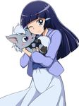  ;) aoki_reika bangs blue_eyes blue_hair blunt_bangs blush blush_stickers dress hair_ornament hairclip hug long_hair looking_at_another looking_at_viewer one_eye_closed precure simple_background smile smile_precure! white_background wolf wolfrun zashiki_(non_chan) 